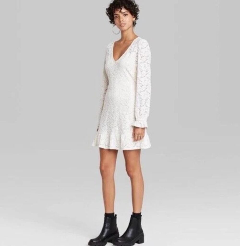 Wild Fable Ivory Crochet Lace Long Sleeve Mini Dress Women's Size Medium